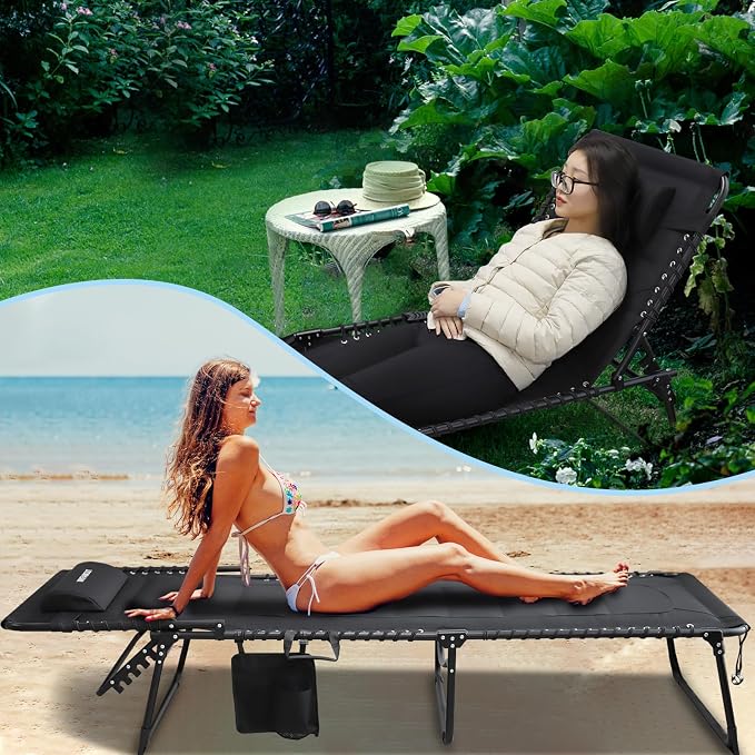 Oversized Padded Outdoor Folding Lounge Chair for Adults 330Ibs Patio Chaise Lounge Chair for Outside 5-Position Adjustable Reclining Beach Chair with Pillow Pocket