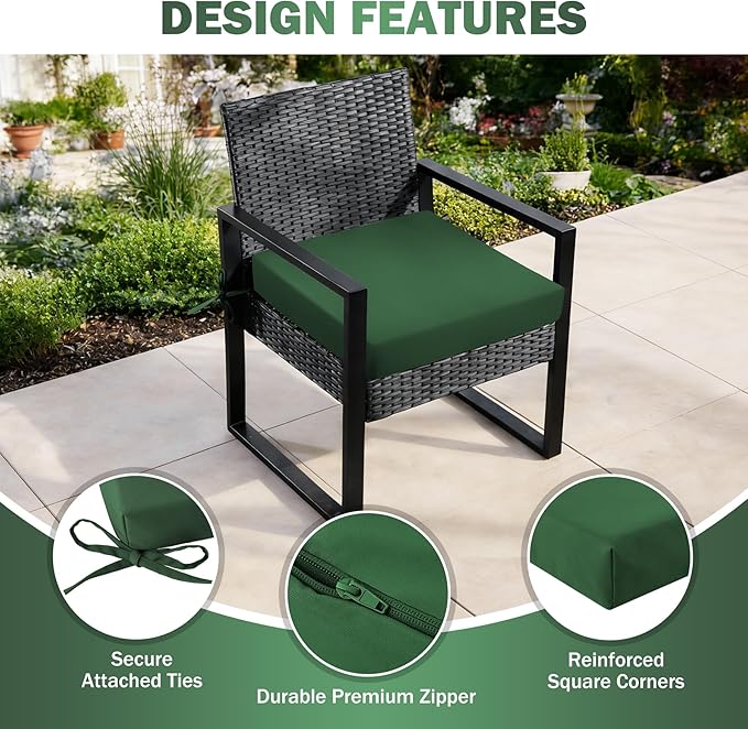 Outdoor Chair Cushions Set of 2, 19x19x3Inch Waterproof & Fade Resistant Patio Furniture Seat Cushions with Ties, Square Outdoor Dining Chair Cushions for Lawn, Garden, Deck&Yard, Forest Green