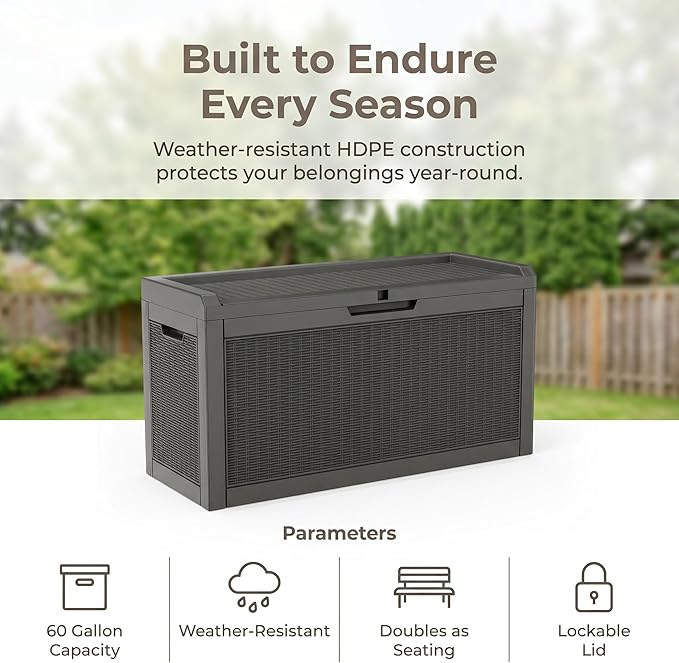 60 Gallon Deck Box, Waterproof Resin Outdoor Storage Box Lockable for Patio Furniture, Fade Resistant Patio Side Table & Organizer for Garden Tools, Pool Floats, Outdoor Cushions, Light Coffee