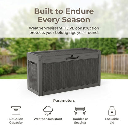 60 Gallon Deck Box, Waterproof Resin Outdoor Storage Box Lockable for Patio Furniture, Fade Resistant Patio Side Table & Organizer for Garden Tools, Pool Floats, Outdoor Cushions, Light Coffee