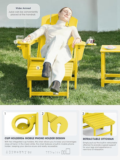 KINGYES Folding Adjustable Adirondack Chair with Ottoman & 2 Cup Holders Set of 4, HDEP Multifunctional Adirondack Chair with Footrest, Yellow