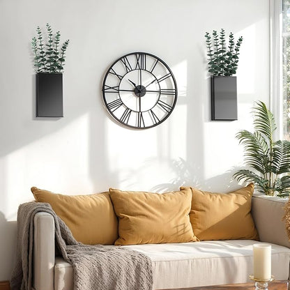 2 Pack Metal Wall Planter Vases Decor with Artificial Eucalyptus, Modern Farmhouse Rustic Hanging Pocket Planters for Indoor Greenery and Flowers, Living Room Bedroom Kitchen Decoration, Black