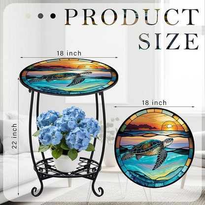 Cinnvoice Outdoor Side Table Round Small Mosaic Patio Accent Indoor End Plant Coffee Tea Table for Yard Patio Porch Garden Living Room, Bedroom(Turtle Style,18 Inch)