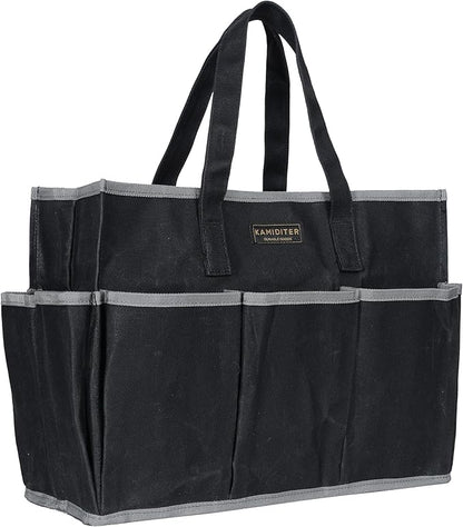Waxed Canvas Tote Bag, Heavy Duty Multi-Purpose Canvas Tool Bag with 10 Pockets for Screwdrivers/Wrench/Pliers/Electricians Storage, Black
