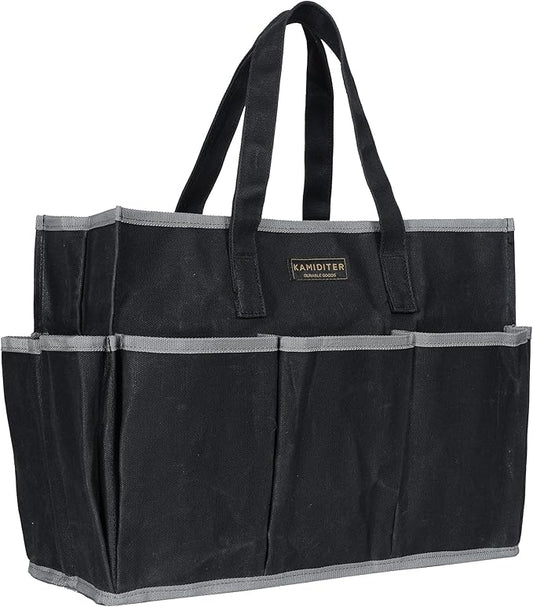 Waxed Canvas Tote Bag, Heavy Duty Multi-Purpose Canvas Tool Bag with 10 Pockets for Screwdrivers/Wrench/Pliers/Electricians Storage, Black