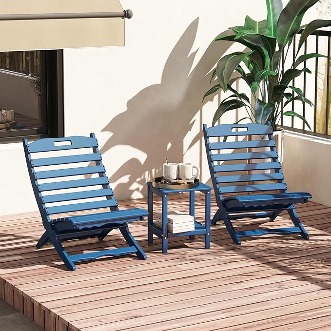 GREENVINES 3 Pieces Patio Furniture Set | Outdoor Bistro Sets for 2 | HDPE Plastic | Folding-Adirondack-Chairs-with-Side-Table | All Weather | Xavier Chair | for Porch Deck Poolside Backyard | Blue