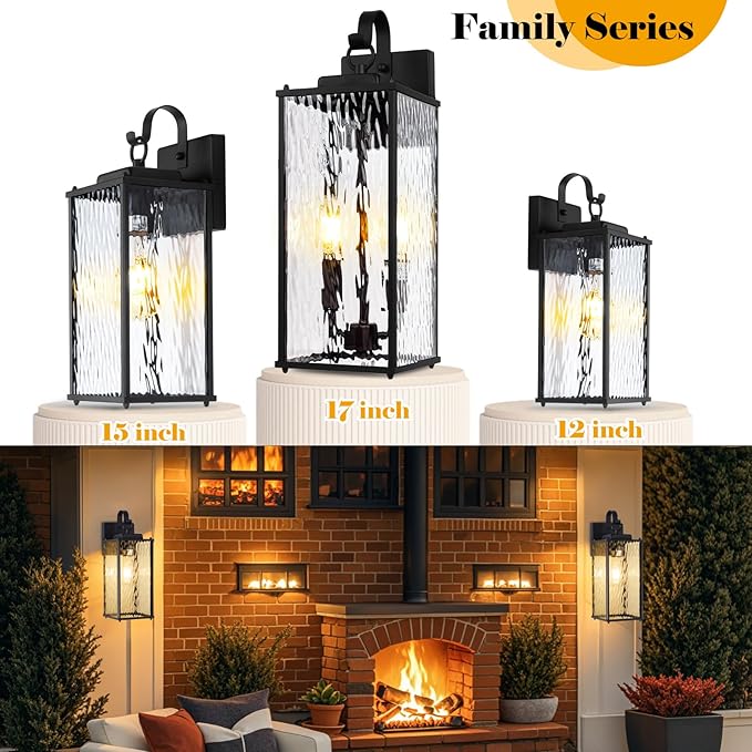 12 Inch Outdoor Wall Sconces with Water Ripple Glass 2-Pack, IP65 Waterproof Matte Black Exterior Light Fixtures Outside Lights for House Front Porch Lanterns Patio Garage Lights, E26
