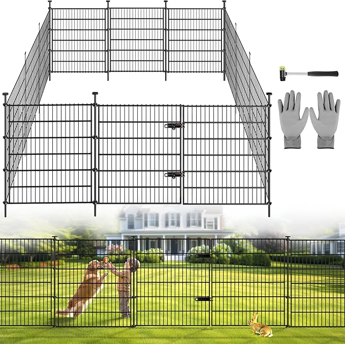 Garden Dog Fence Animal Barrier Outdoor for Yard 12 Panels with Gate 29ft(L) X 32in(H), Garden Fencing Includes Gloves, Hammer, Rustproof Metal Temporary No Dig Fence Border for Dogs