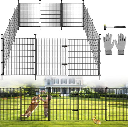 Garden Dog Fence Animal Barrier Outdoor for Yard 12 Panels with Gate 29ft(L) X 32in(H), Garden Fencing Includes Gloves, Hammer, Rustproof Metal Temporary No Dig Fence Border for Dogs