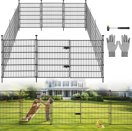 Garden Dog Fence Animal Barrier Outdoor for Yard 12 Panels with Gate 29ft(L) X 32in(H), Garden Fencing Includes Gloves, Hammer, Rustproof Metal Temporary No Dig Fence Border for Dogs