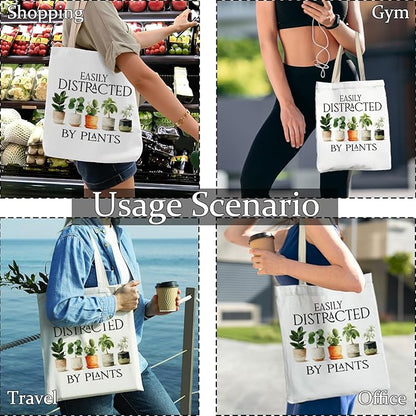 Funny Plant Tote Bag, Plant Lover Mom Lady Gifts Canvas Tote Bags, Gardening Gardener Gifts for Women, Easily Distracted by Plants Reusable Grocery Shopping Bags