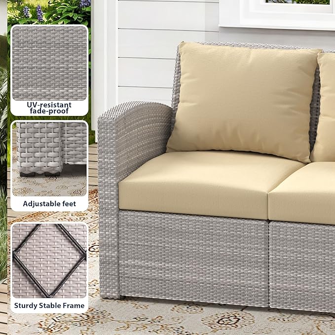 4 Piece Patio Furniture Set,Outside Rattan Sectional Sofa,Wicker Conversation Set with Cushion and Glass Coffee Table,Wicker Sofa Ideal for Garden,Porch,Beige
