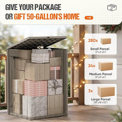 Flamaker 50 Gallon Deck Box, Package Delivery Box for Outside, Outdoor Package Drop Container for Gifts, Waterproof Plastic Storage Container with Lockable Secure for Porch (Brown)