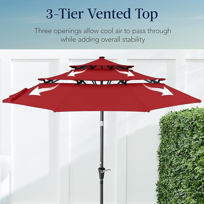 Best Choice Products 10ft 3-Tier Market Patio Umbrella, Outdoor Sun Shade with Tilt, Crank Lift, 8 Ribs for Backyard, Deck, Poolside – Red