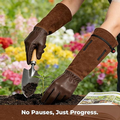 Aegend Gardening Gloves Men, Long Elbow Cuff with Adjustable Strap, Sun & Dirt Protection, Cowhide Leather, Breathable & Comfortable Yard Work, Fit Large Hands for Gardeners (Brown, XL)