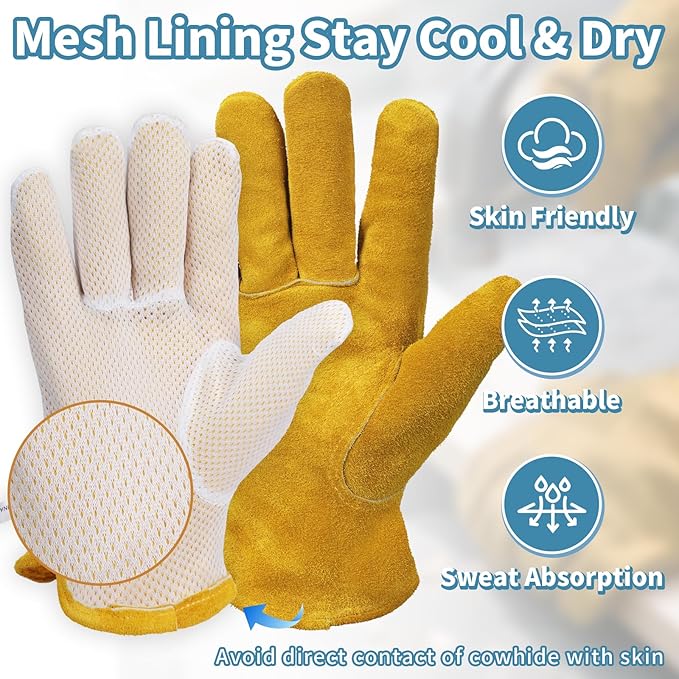 Leather Gardening Gloves for Men Women: Thorn Proof Cowhide Work Gloves for Yard Work Rose Pruning Heavy Duty
