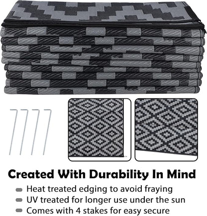 SAND MINE Waterproof Outdoor Rug 10x20 ft, Plastic Reversible Rug, Modern Area Rug, Large Floor Mat for Outdoors, RV, Patio, Backyard, Deck, Picnic, Beach, Camping, Black & Grey