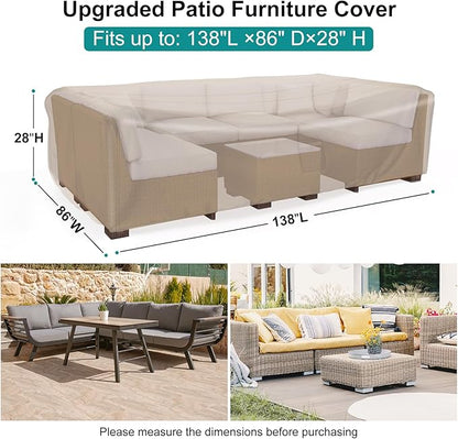 Patio Furniture Set Cover Waterproof, Heavy Duty Furniture Covers for Outdoor Sectional Sofa Set Wicker Rattan Table Chair Rectangular,138"L×86"W×28"H,Brown