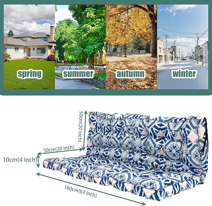 Replacement Cushions for Swing, Swing Cushions 3 Seater Replacement, Waterproof Thicken Washable Pad Cushion for Outdoor Indoor Furniture Swing Patio (Blue Grid, 40x63 inch)