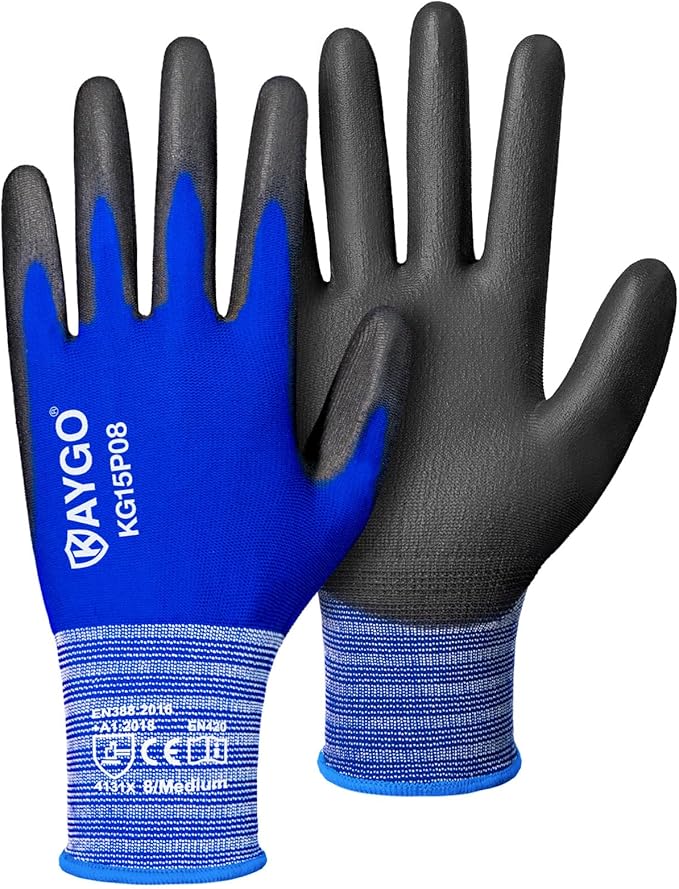 KAYGO Work Gloves PU Coated-12 Pairs, KG15P,Nylon Lite Polyurethane Safety Work Gloves, Gray Polyurethane Coated, Knit Wrist Cuff,Ideal for Light Duty Work (Medium, Blue)