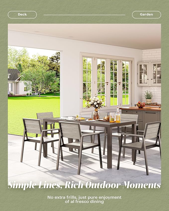 Outdoor Dining Set for 6, Patio Table and Chairs Set, Aluminum Patio Furniture Set with Umbrella Hole, HDPS Patio Dining Table Set for 6 (Gray)