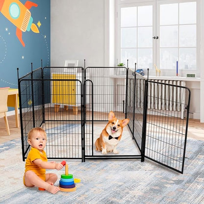 32 in(H) Dog Fence Outdoor For Yard, 21 in Wide Low Threshold Gate, 12 Panels Total 26.6 Ft(L) Fencing For Garden Beds, Animal Barrier Fence, Dog Pen Indoor or Outdoor,Landscape Fence Border