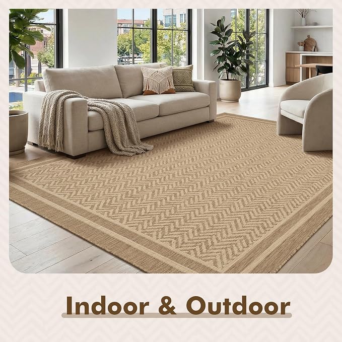 MontVoo-Outdoor Rug-Patio Rug 4x6 Polypropylene Indoor Outdoor Rugs Outdoor Carpet for Patio Deck Balcony Porch, Textured Weave, Durable for High Traffic, Fade-Resistant, Boho Farmhouse Neutral Brown