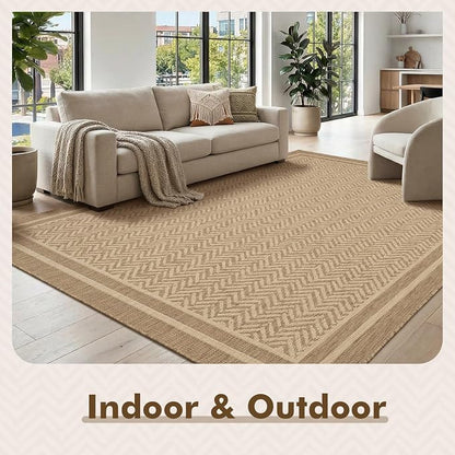 MontVoo-Outdoor Rug-Patio Rug 4x6 Polypropylene Indoor Outdoor Rugs Outdoor Carpet for Patio Deck Balcony Porch, Textured Weave, Durable for High Traffic, Fade-Resistant, Boho Farmhouse Neutral Brown