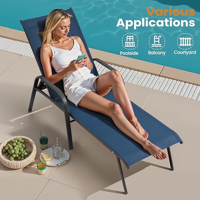 Crestlive Products Chaise Lounge Chair Outdoor with Armrests, Pool Lounge Chairs Set of 2,Adjustable 5 Positions Metal Sun Tanning Lounger for Patio, Poolside, Yard, Deck, Backyard (Navy)
