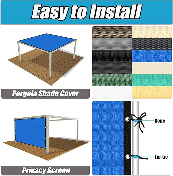 Amagenix 90% Pergola Shade Cover 11' X 11' Sun Shade Cloth with Grommets for Outdoor Garden Patio Porch, Commercial Grade 200 GSM - Cable Zip Ties Included (We Customized) GN108, Blue