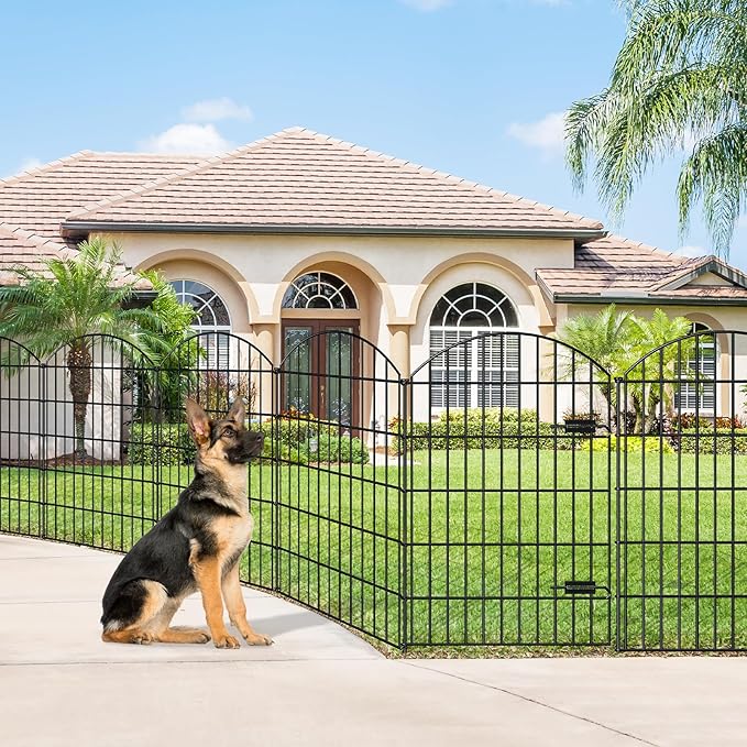 Metal Garden Fence with Gate 42in (H) x 18.7ft (L), 1 Gate+ 7 Panels Dog Fences Border Fence Animal Barrier, No Dig Garden Fencing for Yard Flower Bed Lawn Patio Outdoor, ECG4208G, Black