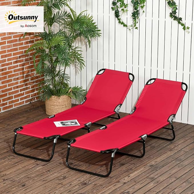 Outsunny 2 Piece Folding Chaise Lounge Pool Chairs, Outdoor Sun Tanning Chairs with 5-Level Reclining Back, Steel Frame for Beach, Yard, Patio, Red