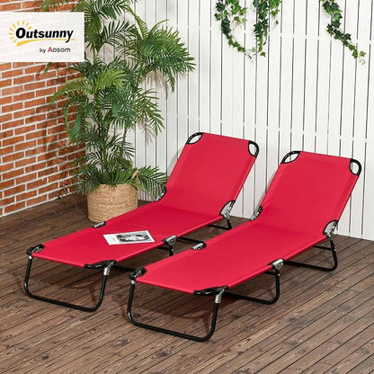 Outsunny 2 Piece Folding Chaise Lounge Pool Chairs, Outdoor Sun Tanning Chairs with 5-Level Reclining Back, Steel Frame for Beach, Yard, Patio, Red