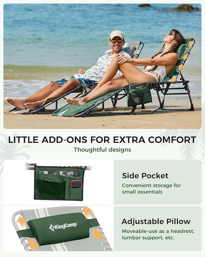 KingCamp Tanning Chair with Face Hole, Lounge Chairs Outdoor Folding Portable Comfy Adjustable 5-Position Lay Flat Foldable Chaise Chaser Lounger for Outside Beach Patio Sun Bathing Pool, Green/White