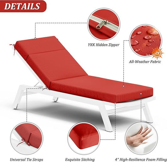 Chaise Lounge Cushions Outdoor Furniture, High-Density Foam Chair Cushion with Ties 80 L x 26 W x 4 D in, Weather & Fade Resistant for Patio Recliner Chairs Cushions for Lawn, Pool, Red