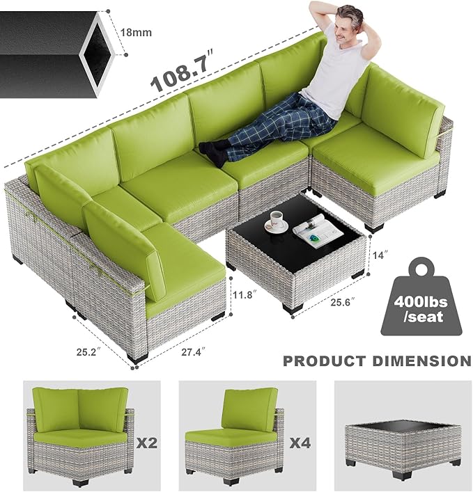 7-Piece Patio Furniture Set, Outdoor Sectional with Thick Cushions, Modular Patio Sofa, Dual-Strand Wicker Rattan, Rust-Resistant Frame, Backyard Furniture for Garden, Deck, Grass Green