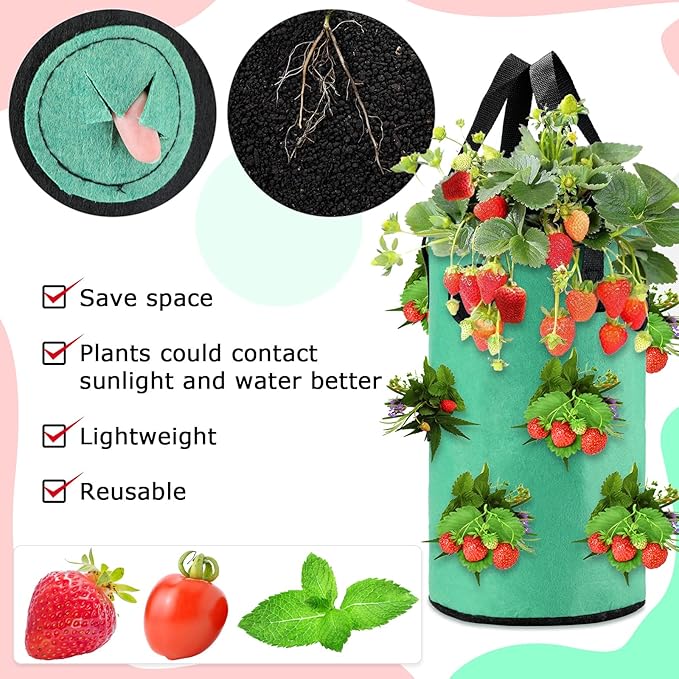 Boao 6 Pieces 3 Gallon Tomato and Herb Planter Hanging Aeration Fabric Strawberry Grow Bags Hanging Strawberry Planter Upside Down Tomato Plant Hanger Vegetable Planting Bags for House(Green)
