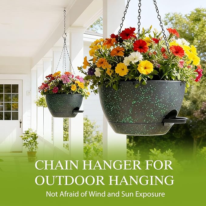 12 Inch Hanging Baskets 2 PC with Chains, Self-Watering Hanging Planters for Indoor Outdoor Plants, Plastic Hanging Flower Pots, Black with Green Speckles