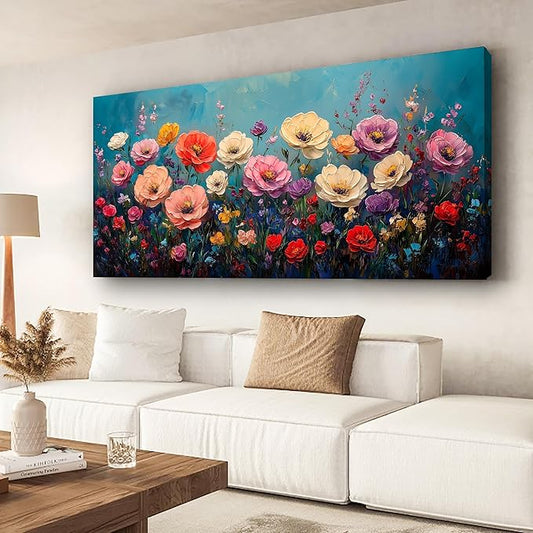 Vibrant Multicolor Flower Picture Print Canvas Wall Art Living Room Dining Room Office Study Bedroom Wall Decor Wall Art Prints Modern Style Artwork Waterproof Ready to Hang - 20x40 Inch