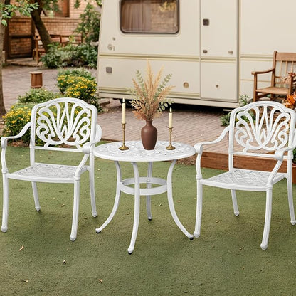 Outvita Patio Side Table, 23.6in Outdoor Round Cast Aluminum Bistro Table with Umbrella Hole and Antique Design for Backyard Porch Pool Balcony Deck White