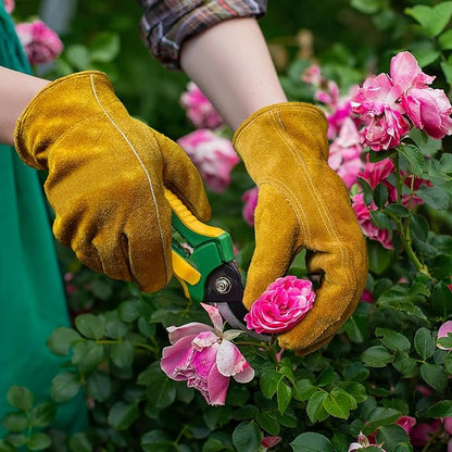 Leather Gardening Gloves for Men Women: Thorn Proof Cowhide Work Gloves for Yard Work Rose Pruning Heavy Duty