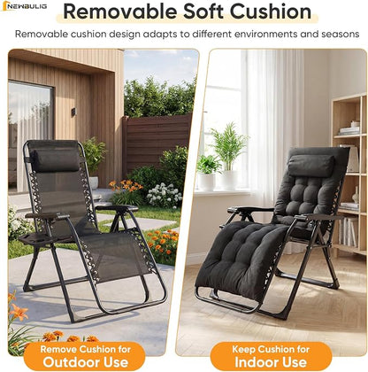NEWBULIG Set of 2 Zero Gravity Chair, Folding Patio Recliner with Removable Cushion & Cup Holder Trays, Portable Lounge Chair for Beach & Camping, Classic Black