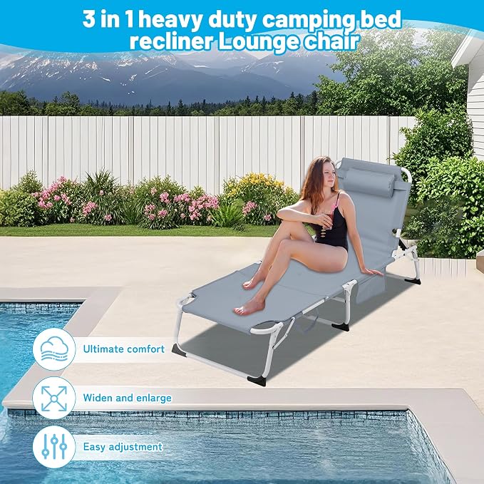 Outdoor Chaise Lounge with Detachable Pillow, Reclining Folding Chair with 5-Position Adjustable Back, Portable Tanning Chair For Beach, Pool, Lawn, Breathable Mesh Seat, No Assembly (Grey 2)