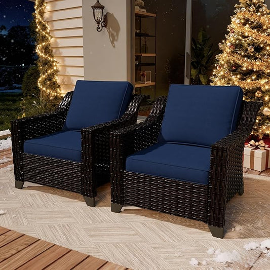 VistaVibe 2 Pieces Outdoor Armchairs, Patio Conversation Furniture Set, Washable Cushions, Luxurious Hand-Woven PE Rattan, Garden, Bistro, Deck, Backyard (Brown/Navy)