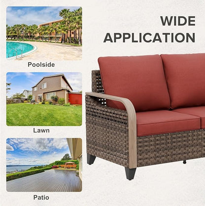 COOS BAY Modern Wicker Outdoor Furniture Set, Patio Conversation Set with 3 Seat Couch, and Ottomans, 3 Piece, Brown/Red