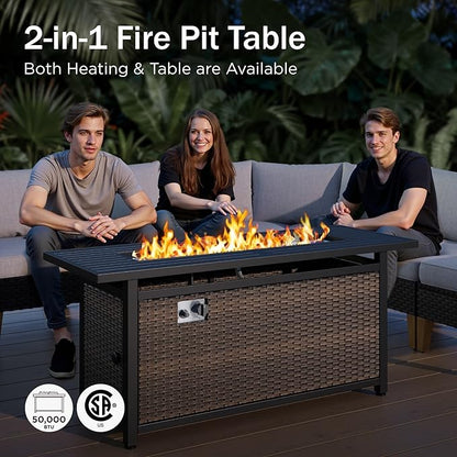 PHI VILLA 8-Piece Outdoor Sectional Patio Conversation Set with 56" Gas Fire Pit Table Table, Outdoor Rattan Furniture Patio Set for 7 Seats with Cushions, Beige