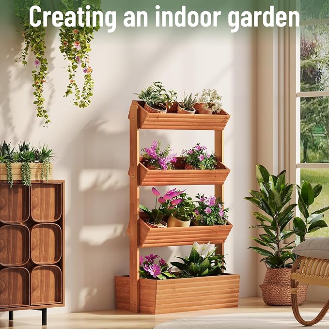 Vertical Wooden Raised Garden Bed, Garden Planters Freestanding Wood Plant Stand Flower Rack Wooden Planter Box for Plants Herbs Flowers Vegetables Outdoor Indoor Gardening (4-Tier Brown)