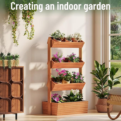 Vertical Wooden Raised Garden Bed, Garden Planters Freestanding Wood Plant Stand Flower Rack Wooden Planter Box for Plants Herbs Flowers Vegetables Outdoor Indoor Gardening (4-Tier Brown)