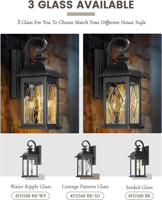 FEMILA Outdoor Wall Light Fixture,1-Light Exterior Waterproof Wall Sconce, Front Porch Lights, Matte Black Finish with Water Ripple Glass,E26 Socket, 4FD54B BK-SD