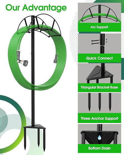 Meykwod Garden Hose Stand/Hanger Freestanding, Heavy Duty In-Ground Hose Rack Organizer for Outside Yard, Sturdy to Hold 150ft (Metal, Black)